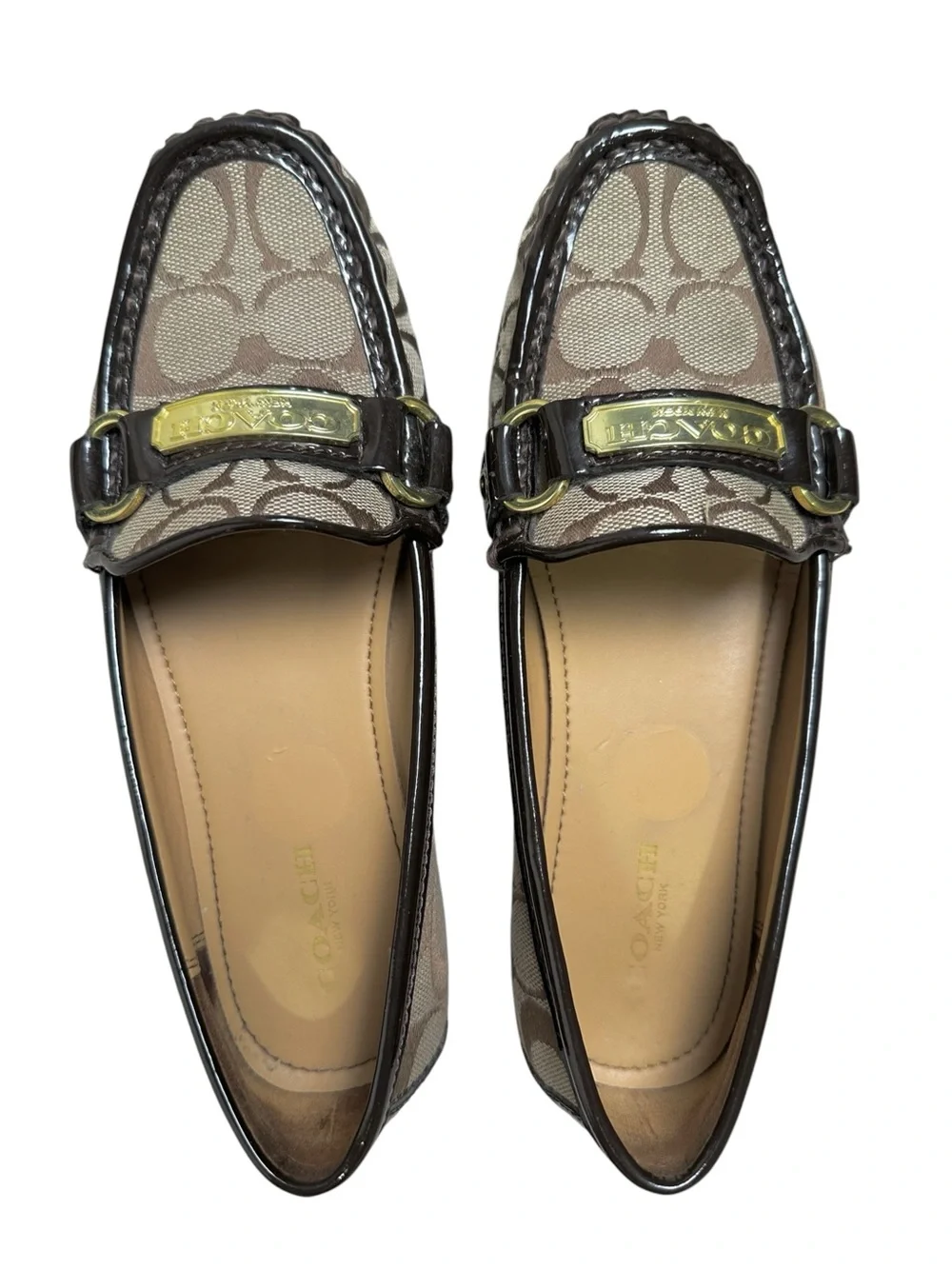 Coach Women’s 6.5B Felisha Signature C Canvas Beige & Brown Leather Trim Loafers